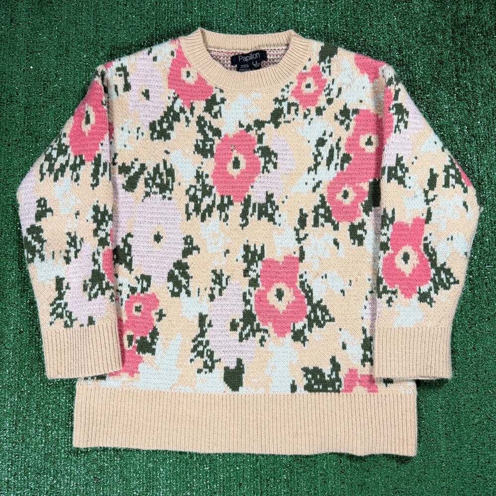 Vintage Women’s Papillon Floral Jacquard Knit Sweater Small Beige Pink Green